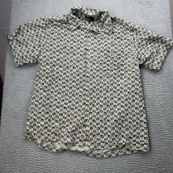 Marc Edward Silk Short Sleeve Button Up Mens Shirt Geometric Size XL Tan - Picture 1 of 6